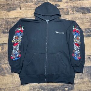 Dragonfly Inked Skull Anchor Full Zip Hoodie Gothic Streetwear Sleeve Hits Flame